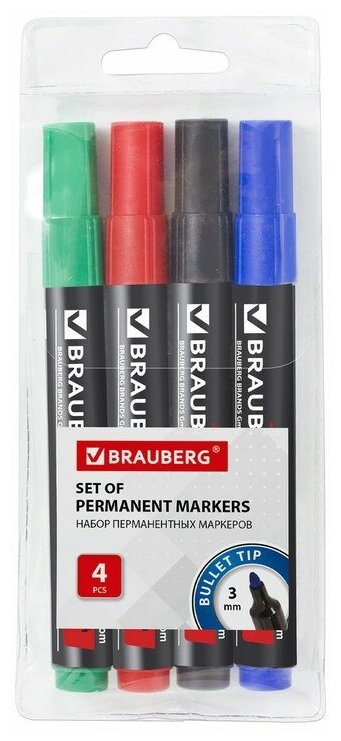 Маркеры перм.(нестир.) BRAUBERG набор 4шт, ассорти, "Contract", без клипа, круглые 3мм,150474