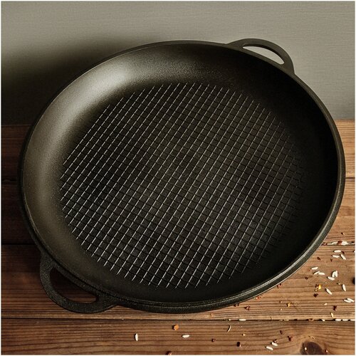 фото Сковорода- гриль ситон чугунная, крышка- сковорода, 40 см, вафельное покрытие