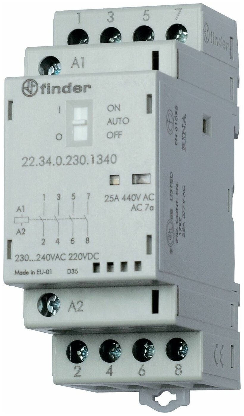 Finder Модульный контактор; 4NO 25А; контакты AgSnO2; катушка 230В АС/DC; ширина 35мм; степень защиты IP20; опции: мех.индикатор + LED