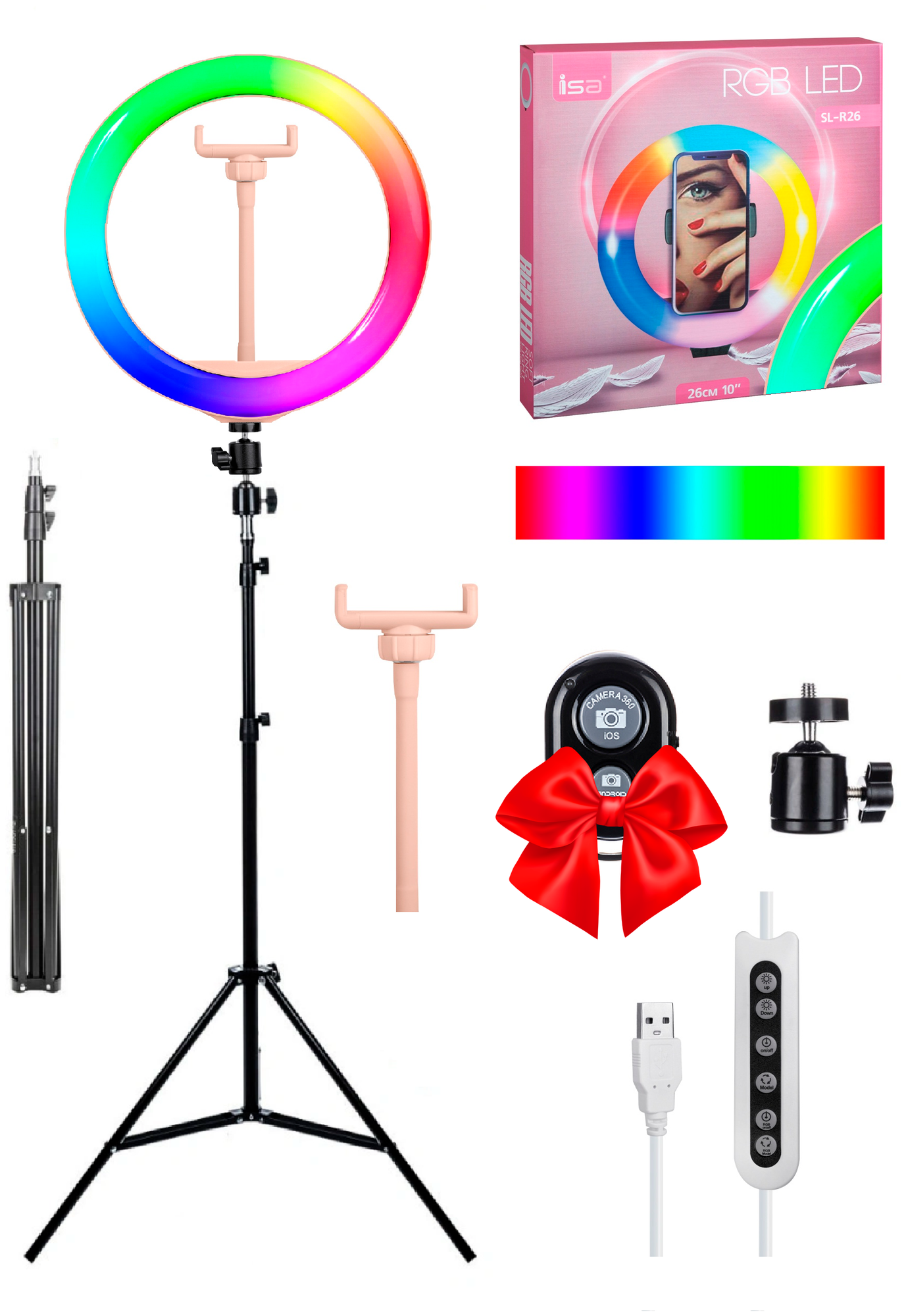 Розовая кольцевая лампа 26 см RGB + штатив 2 м + пульт + держатель для телефона "Селфи кольцо iSA RGB LED PINK SL-R26"