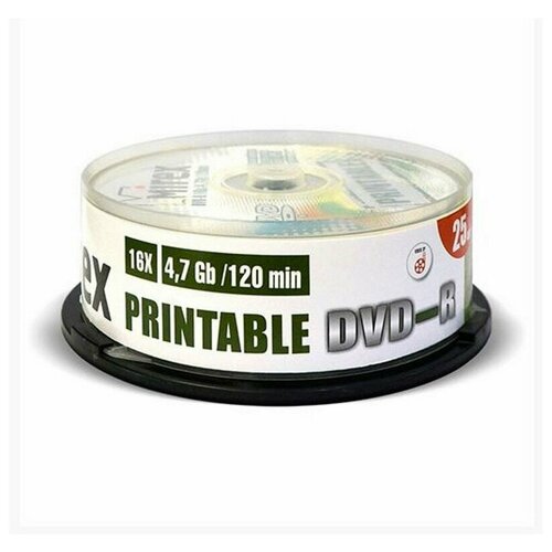 Носители информации DVD-R Printable, 16x, Mirex, Cake/25, UL130028A1M
