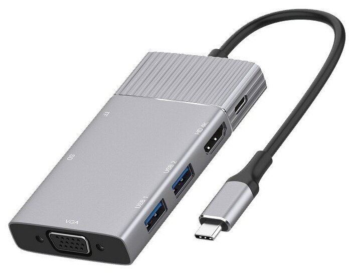 Fixtor / Док станция с Type-C на HDMI/VGA/USB 3.0x2/SD/TF/Audio/PD 7в1 серая OT-95113