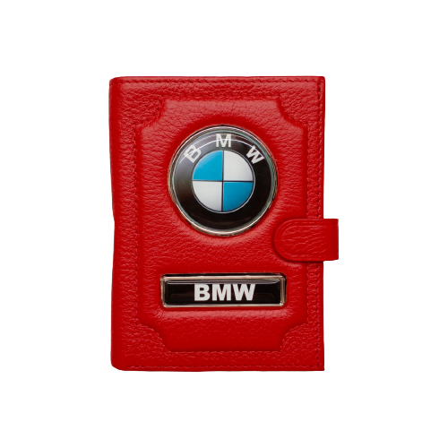 Обложка для автодокументов и паспорта BMW (БМВ) кожаная флотер 4 в 1 красный