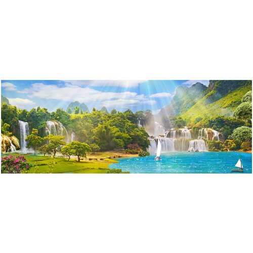 Фотообои Уютная стена Озеро с водопадами под ярким солнцем 720х270 см Бесшовные Премиум (единым полотном)