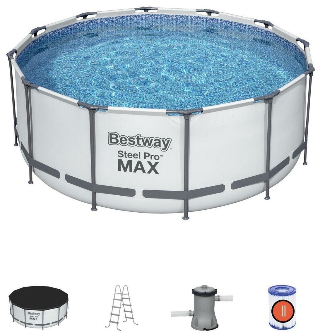 56438 Bestway Каркасный бассейн Steel Pro Max 457х122см, 16015л, фильтр-насос картриджный 3028л/ч, лестница, тент