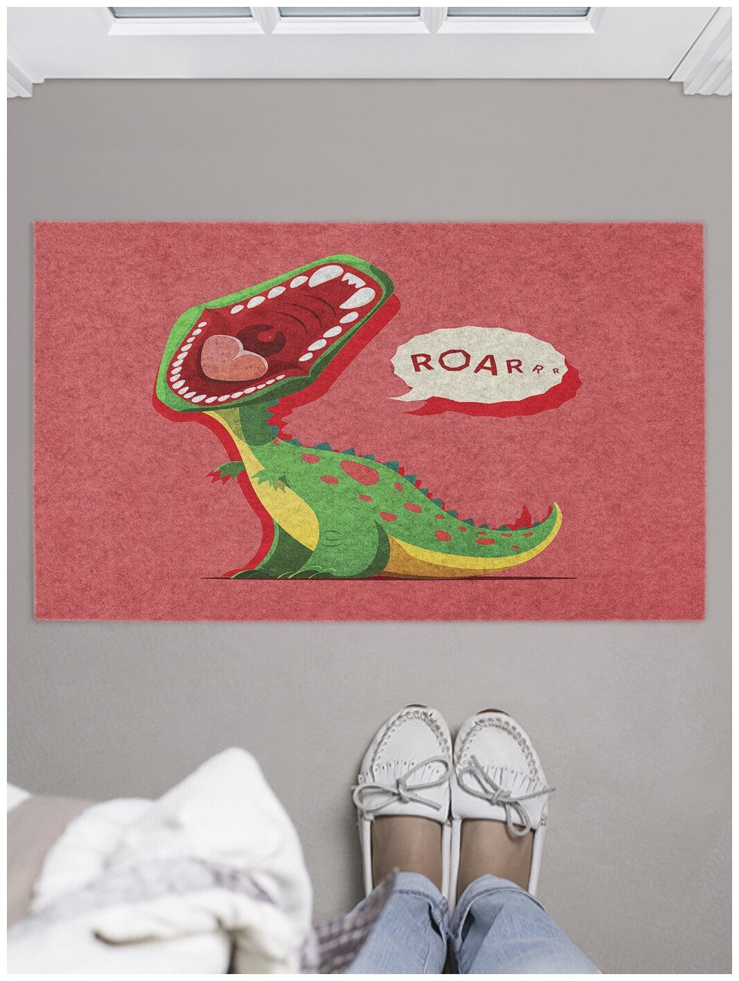 Придверный коврик в прихожую JoyArty "Пасть динозавра" для обуви, на резиновой основе, 75x45 см