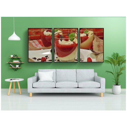 фото Набор модулных постеров для интерьера "пудинг, ванильный пудинг, малина" 60x90 см. в тубусе, без рамки lotsprints