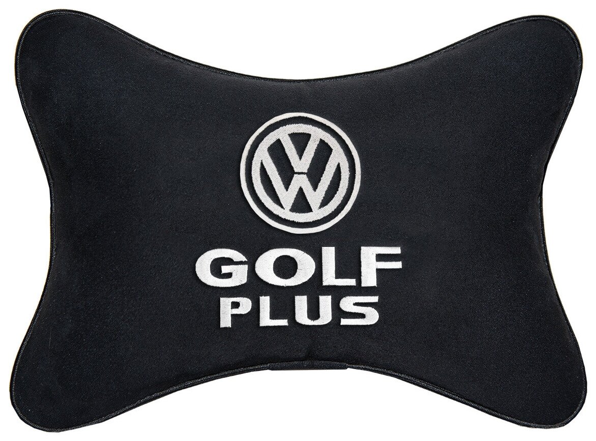 Автомобильная подушка на подголовник алькантара Black с логотипом автомобиля VOLKSWAGEN GOLF PLUS