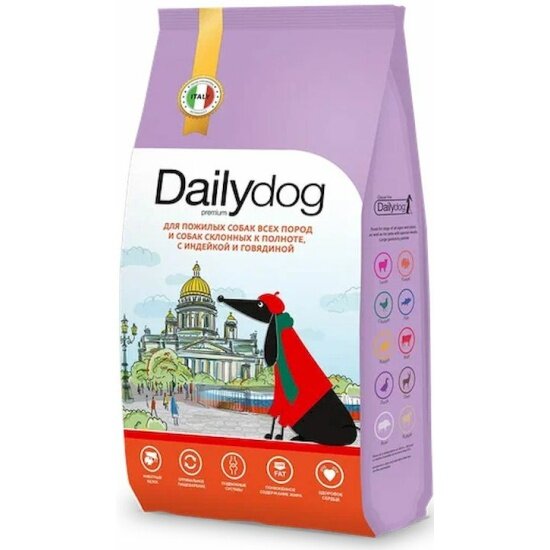 Корм сухой Dailydog casual для пожилых собак всех пород и собак склонных к полноте с индейкой и говядиной 12кг