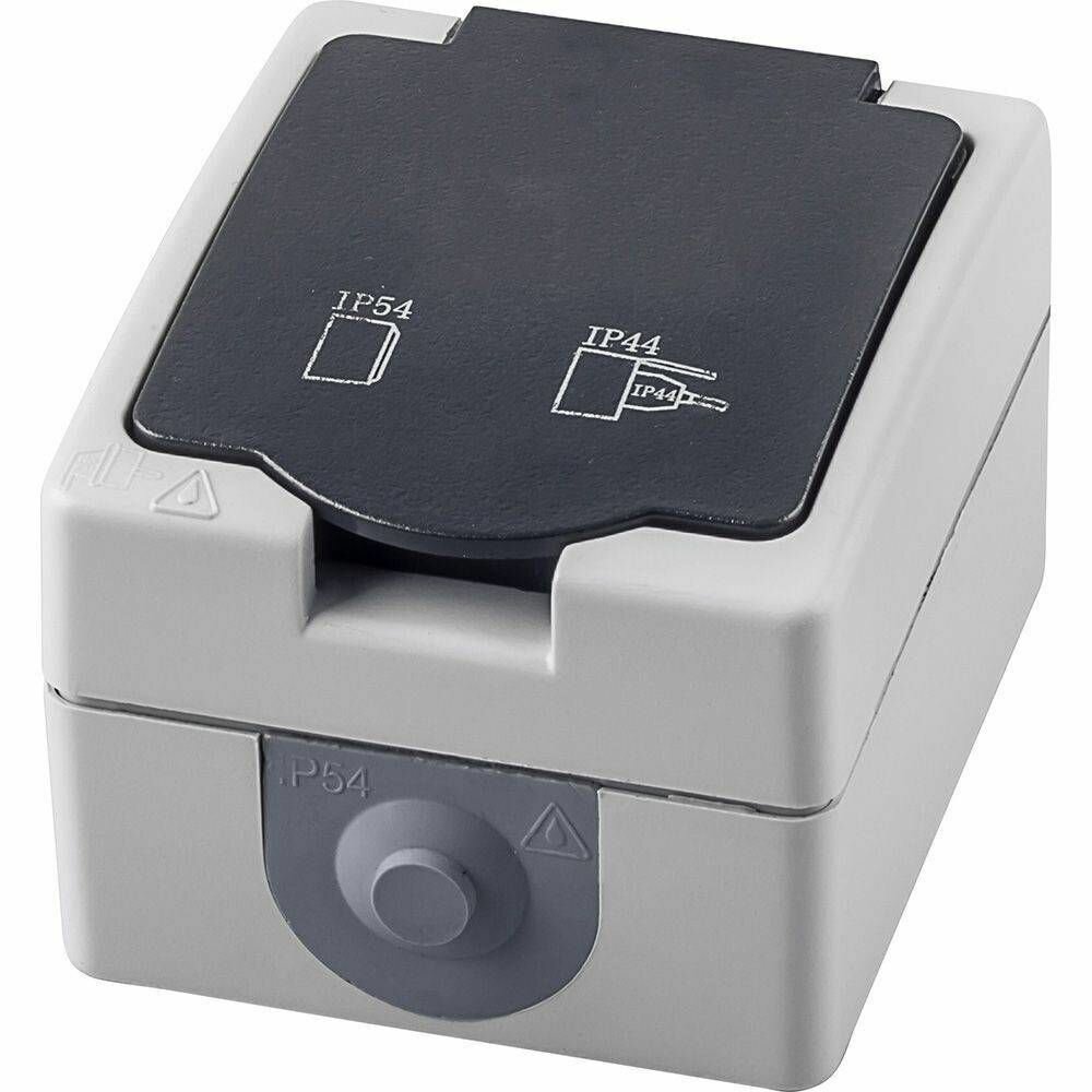 фото Розетка Stekker, 1 гнездо с крышкой, с заземлением открытой установки, серая, 16А 250В, 1 шт.