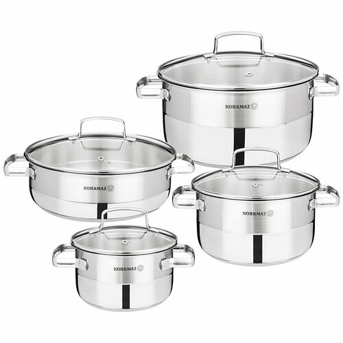 Набор кастрюль korkmaz со стекл. крыш. серия stila 8 пр. 1,8/3,5/5,5/3,5л (181621)