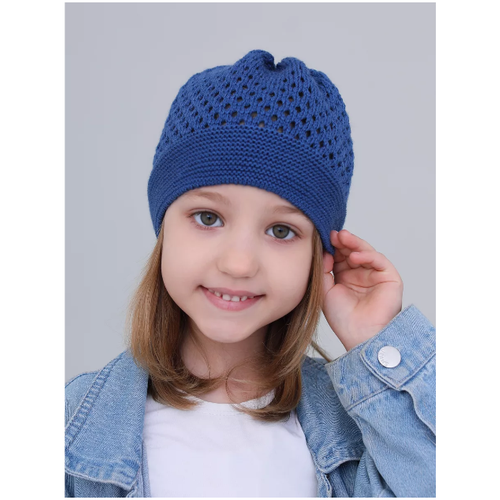 фото Шапка mi ropa детская вязаная шапка-сетка "паутинка", размер 5-8 лет, синий