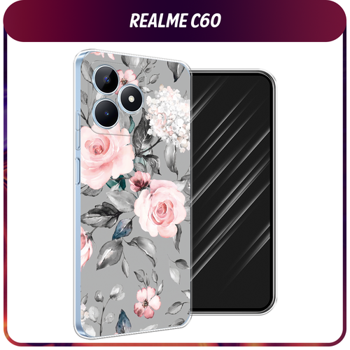 Силиконовый чехол на Realme C60 / Реалми C60 Розы на сером
