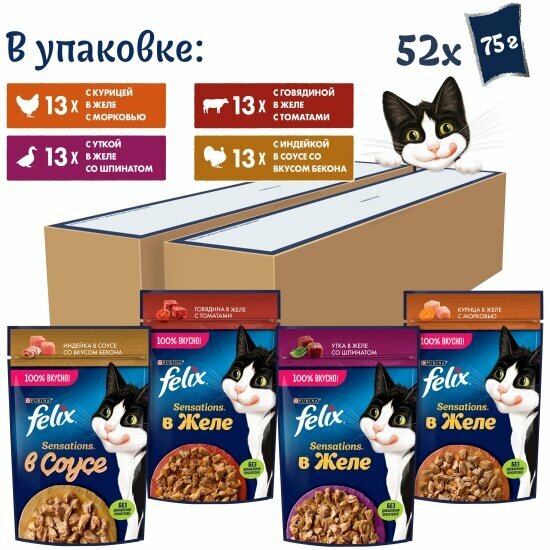 Влажный корм для кошек Felix Sensations с курицей и морковью, говядиной и томатами, уткой со шпинатом в желе и индейкой со вкусом бекона в соусе 52шт. х75г