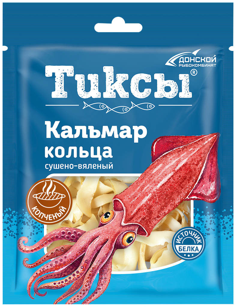 Кальмар сушено-вяленый тиксы с ароматом копчения, кольца, 70г