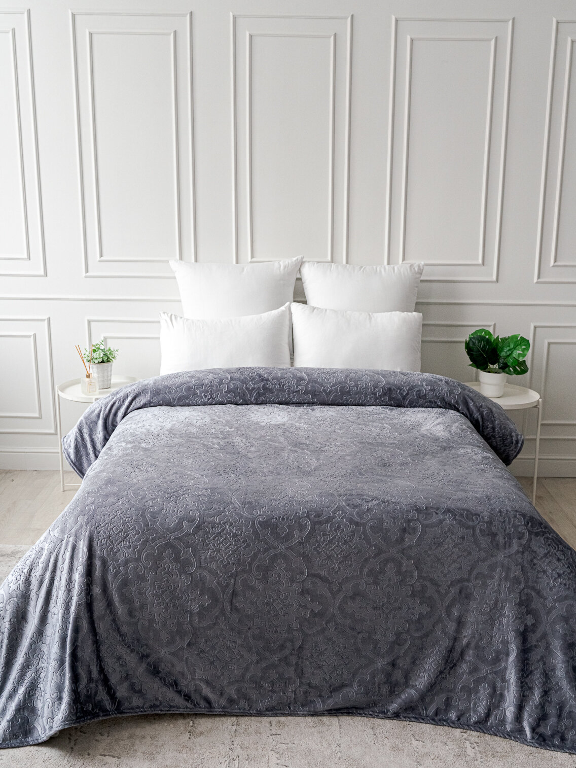 Плед 200х220 Павлина SKANDI Тиснение серый однотонный на диван — фото 1