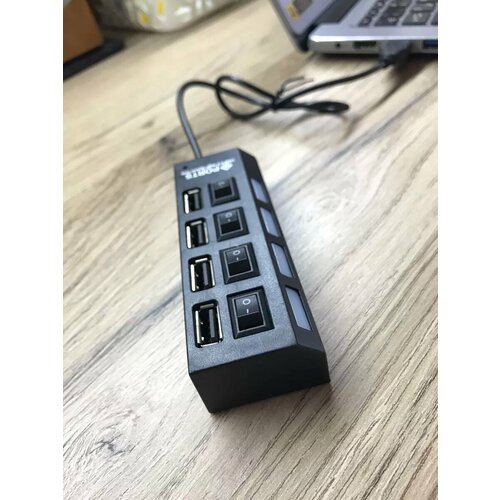USB-концентратор RUSSTA, 4 порта, с выключателем, подсветка, черный