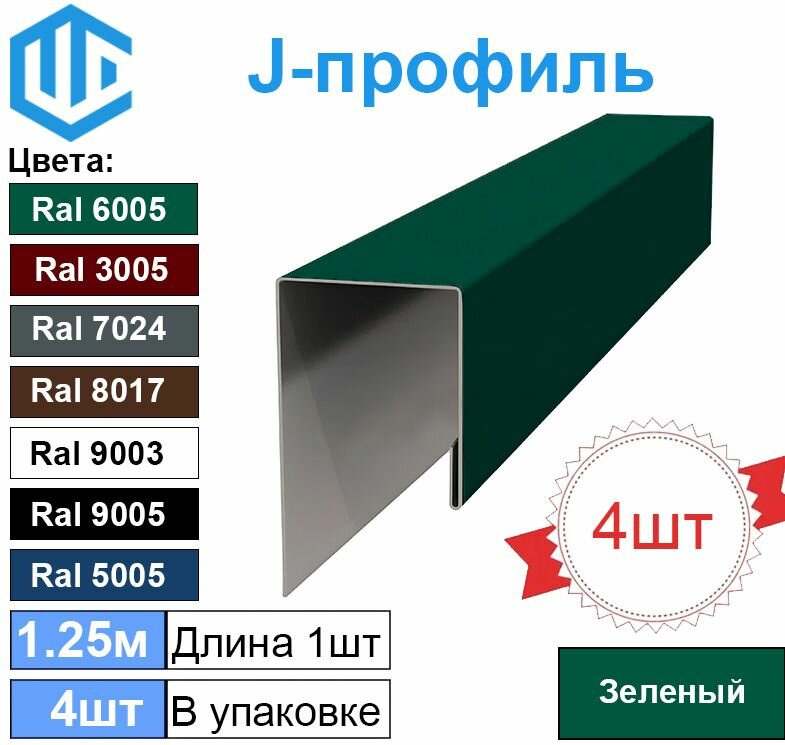 J-профиль финишная планка Зеленая Ral 6005 (4шт) металлическая