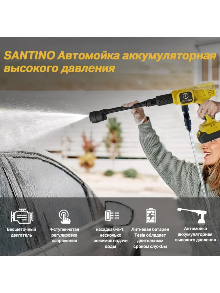 Изображение Автомойка аккумуляторная высокого давления, мойка портативная с двумя аккумуляторами SANTINO