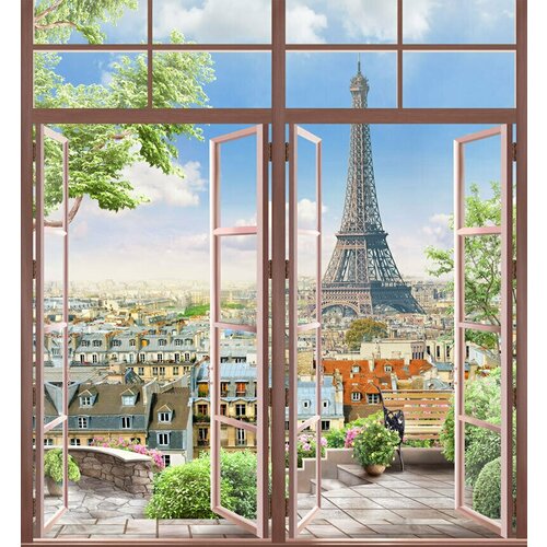 Моющиеся виниловые фотообои GrandPiK Франция Париж вид из окна, 250х270 см