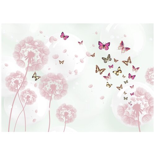 Одуванчики и бабочки розовый - Виниловые фотообои, (211х150 см)