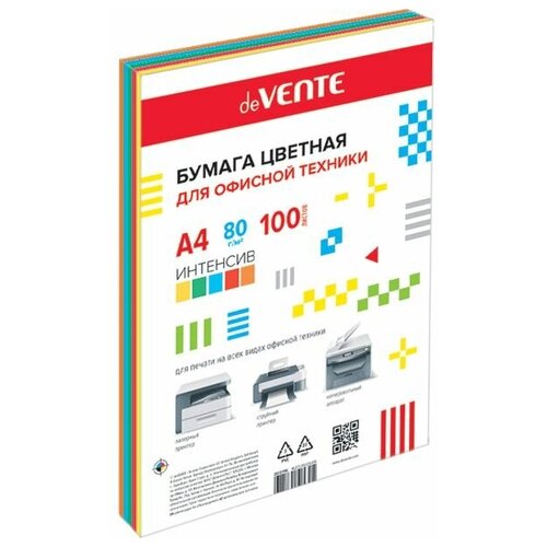 Бумага цветная, А4, 80г, deVente 5 цветов, интенсив, 100л.