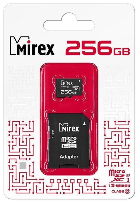 Карта памяти Mirex MicroSDXC 256Gb Class 10 UHS-I (13613-AD3UH256) + адаптером SD - фото №1