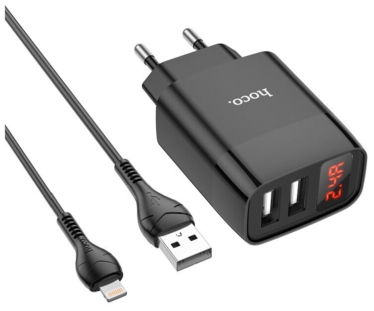 Зарядное устройство HOCO C86A Illustrious 2*USB + Кабель USB-Lightning 2.4A черный с дисплеем