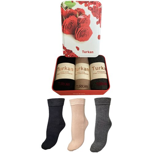 фото Подарочный набор женских носков хлопок, металлическая подарочная упаковка, размер 36-41, три пары в наборе. turkan