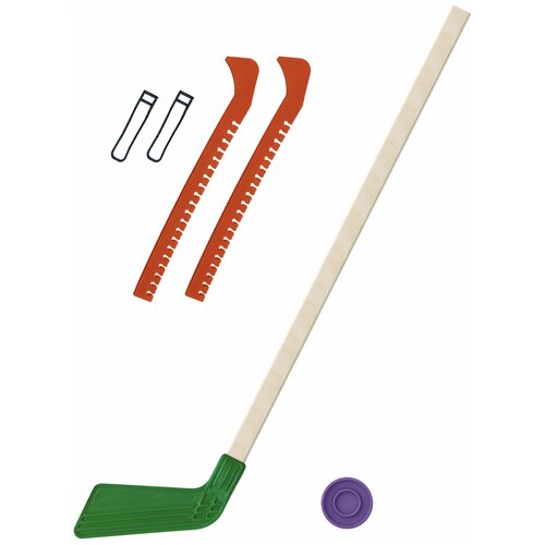фото Набор зимний: клюшка хоккейная зелёная 80 см.+шайба + чехлы для коньков оранжевые, задира-плюс
