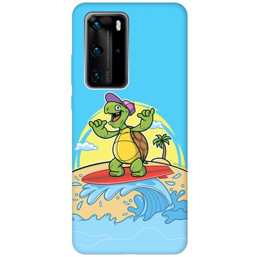 фото Силиконовая чехол-накладка silky touch для huawei p40 pro с принтом "turtle surfer" голубая gosso