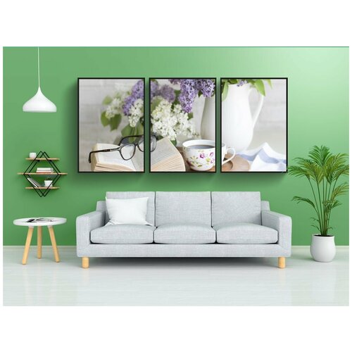 фото Модульный постер "кофе, книга, цветы" 180x90 см. из 3х частей в тубусе, без рамки lotsprints