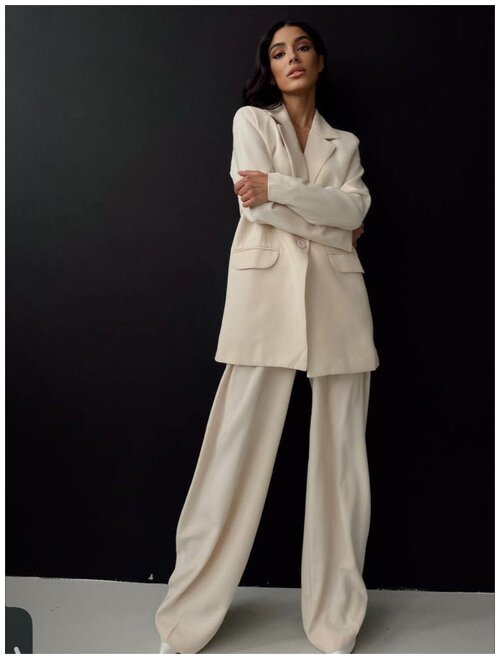 Костюм , жакет и брюки, классический стиль, прямой силуэт, пояс на резинке, размер 46, бежевый