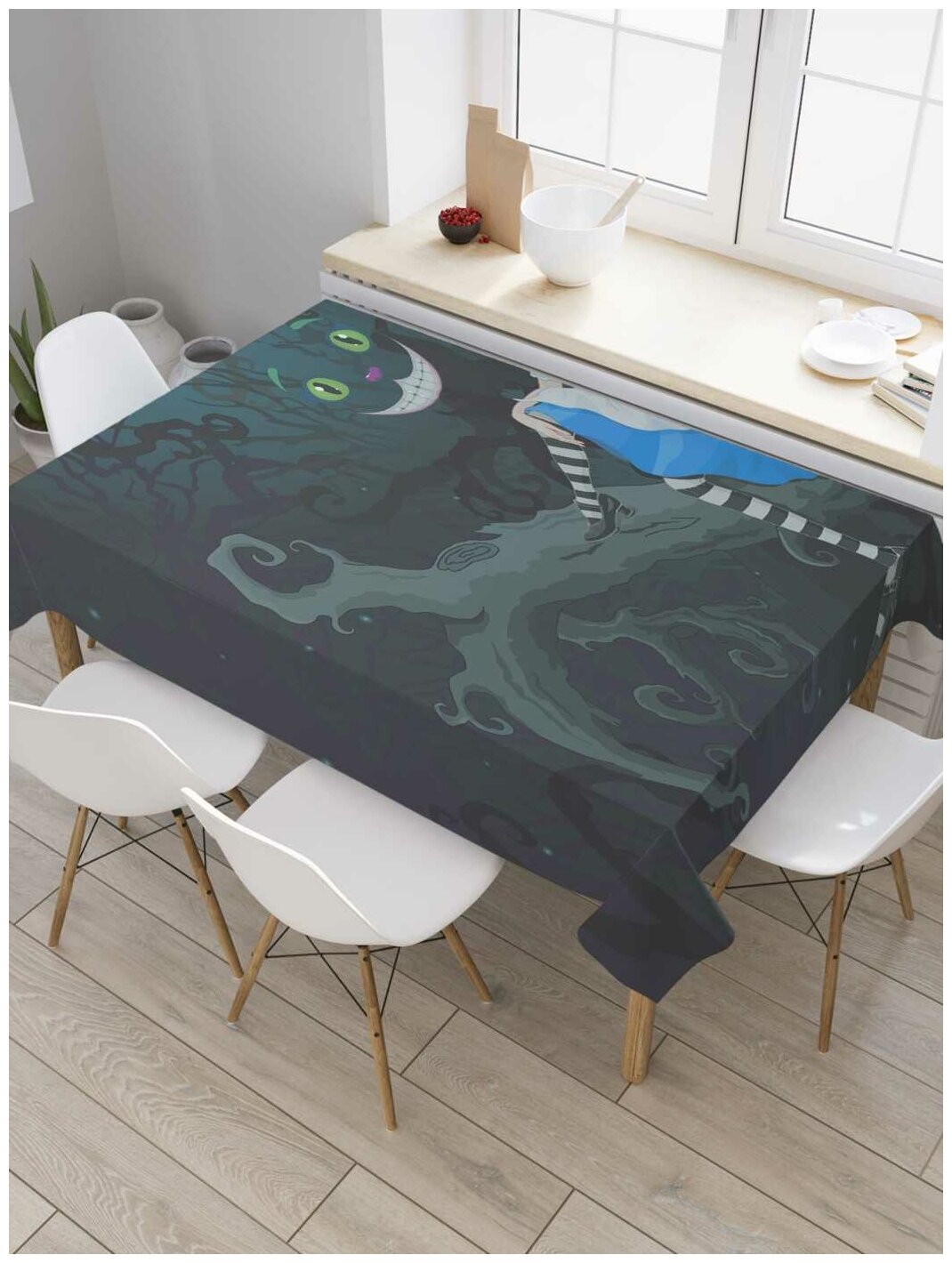 Скатерть прямоугольная JoyArty на кухонный стол "Алиса и Чеширский кот" из оксфорда, 120x145 см