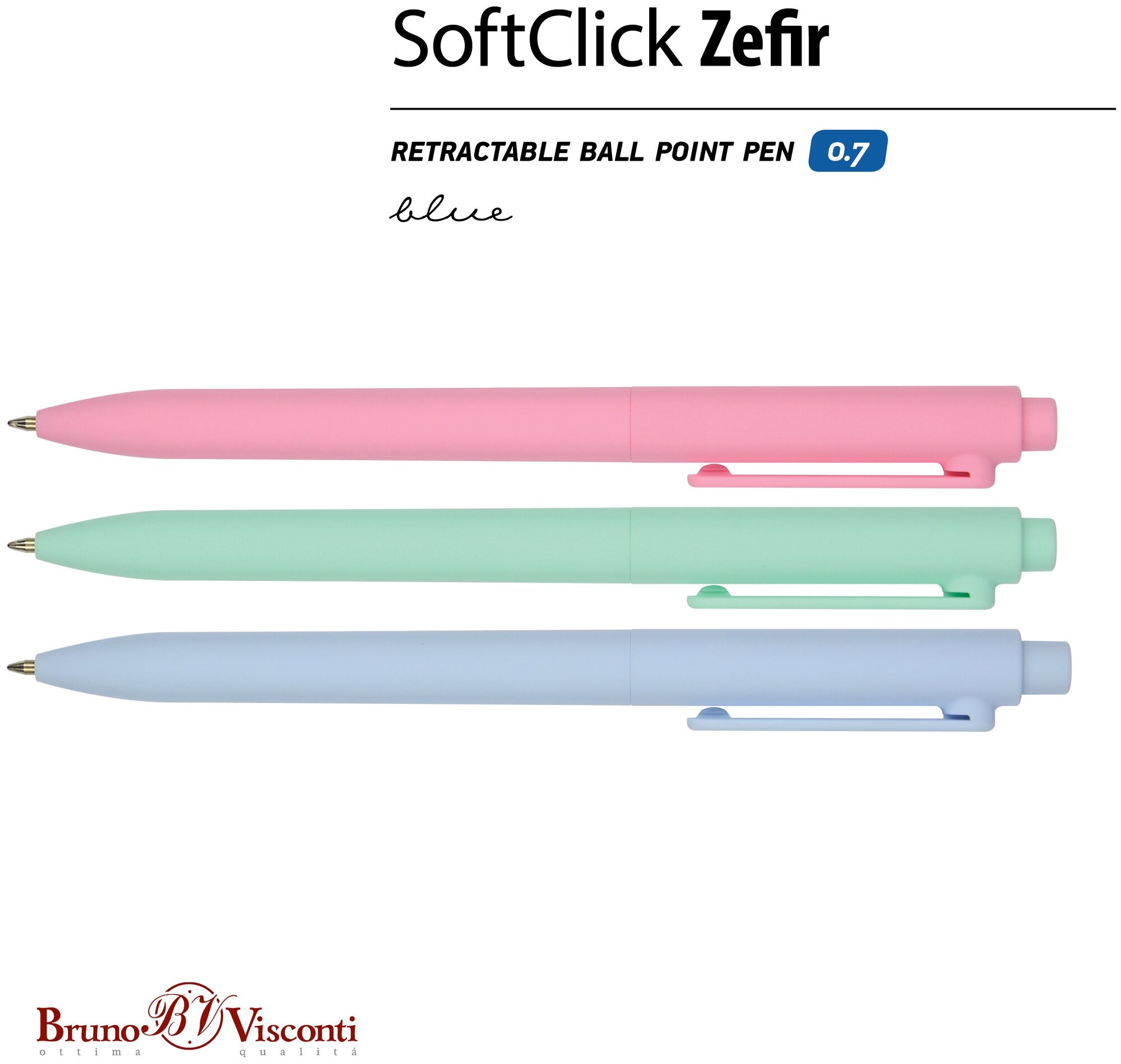 Ручка шариковая автоматическая BrunoVisconti, 0.7 мм, синий, SoftClick Zefir, Арт. 20-0105