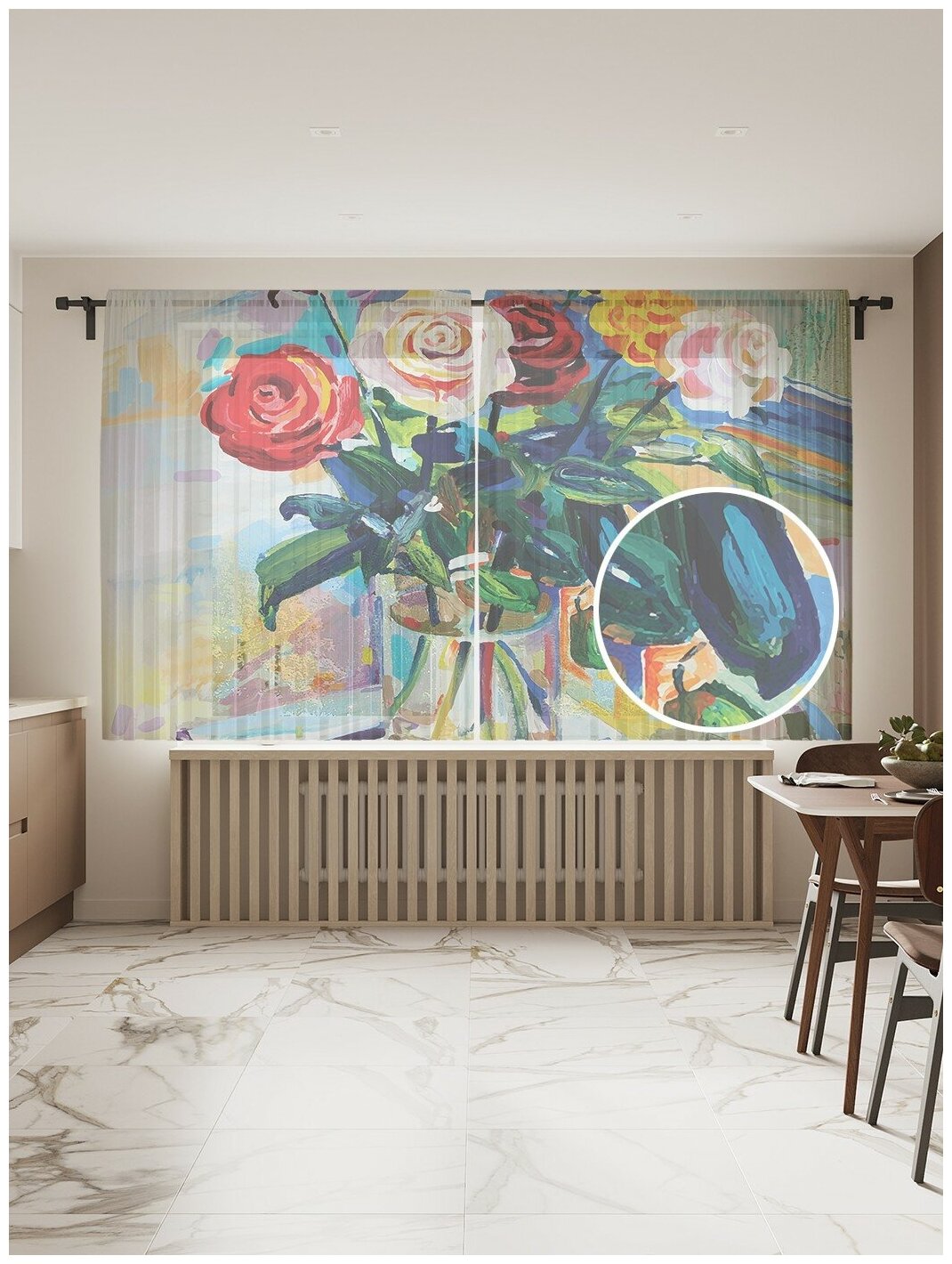 Тюль для кухни и спальни JoyArty "Цветочный натюрморт", 2 полотна со шторной лентой шириной по 145 см, высота 180 см. - фотография № 1