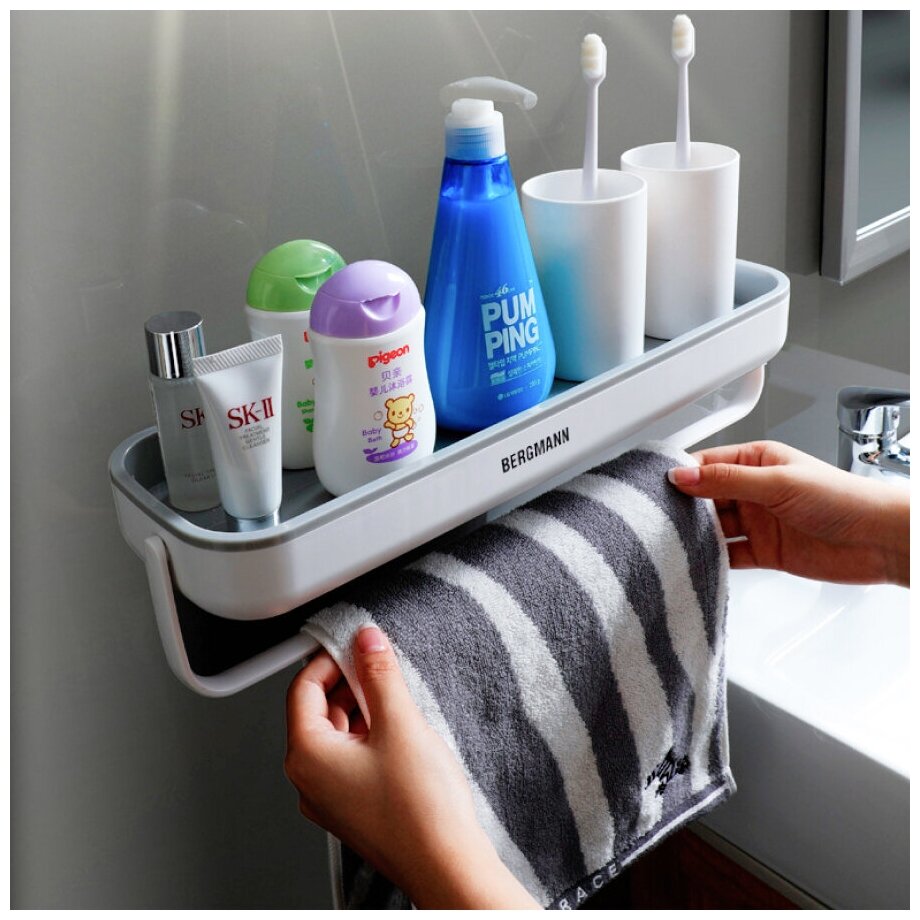 Bergmann / Полка для ванной комнаты настенная полочка держатель для полотенец с полотенцедержателем на кухню