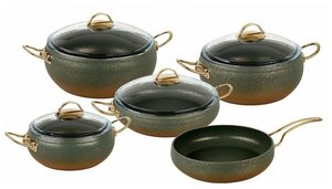 Набор посуды с антипригарным покрытием из 9 предметов. Цвет: Черно-оливковый. O.M.S. Collection.