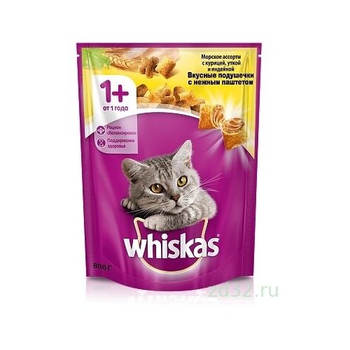 Whiskas сухой корм для кошек Вкусные подушечки с нежным паштетом Курица и индейка 800г