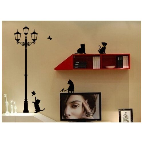 фото Наклейка интерьерная на стену "фонарь и 3 котенка" (винил) нет бренда