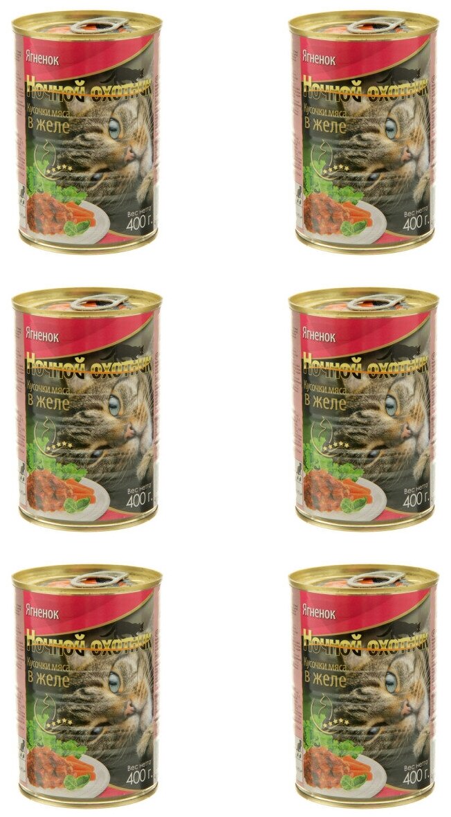 Корм консервированный для кошек Ночной охотник куски в желе ягнёнок , 415 г - 6 шт