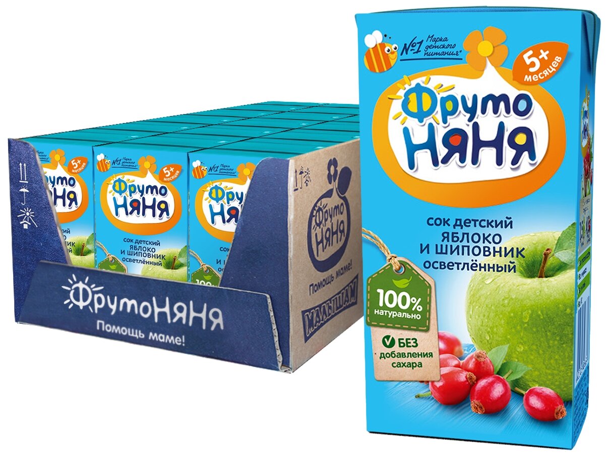Сок ФрутоНяня из яблок и шиповника, с 5 месяцев, 0.2 л, 18 уп.