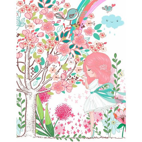 Моющиеся виниловые фотообои Рисунок. Девочка и цветущие деревья, 200х250 см