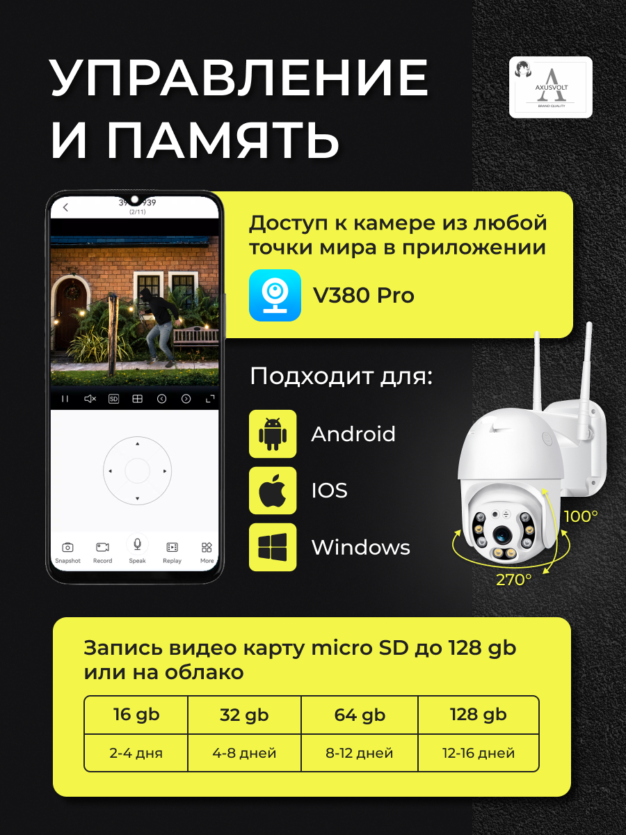 Умная WI-Fi камера видеонаблюдения, удлинитель, ночное видение, запись, датчик движения, V380PRO — фото 1