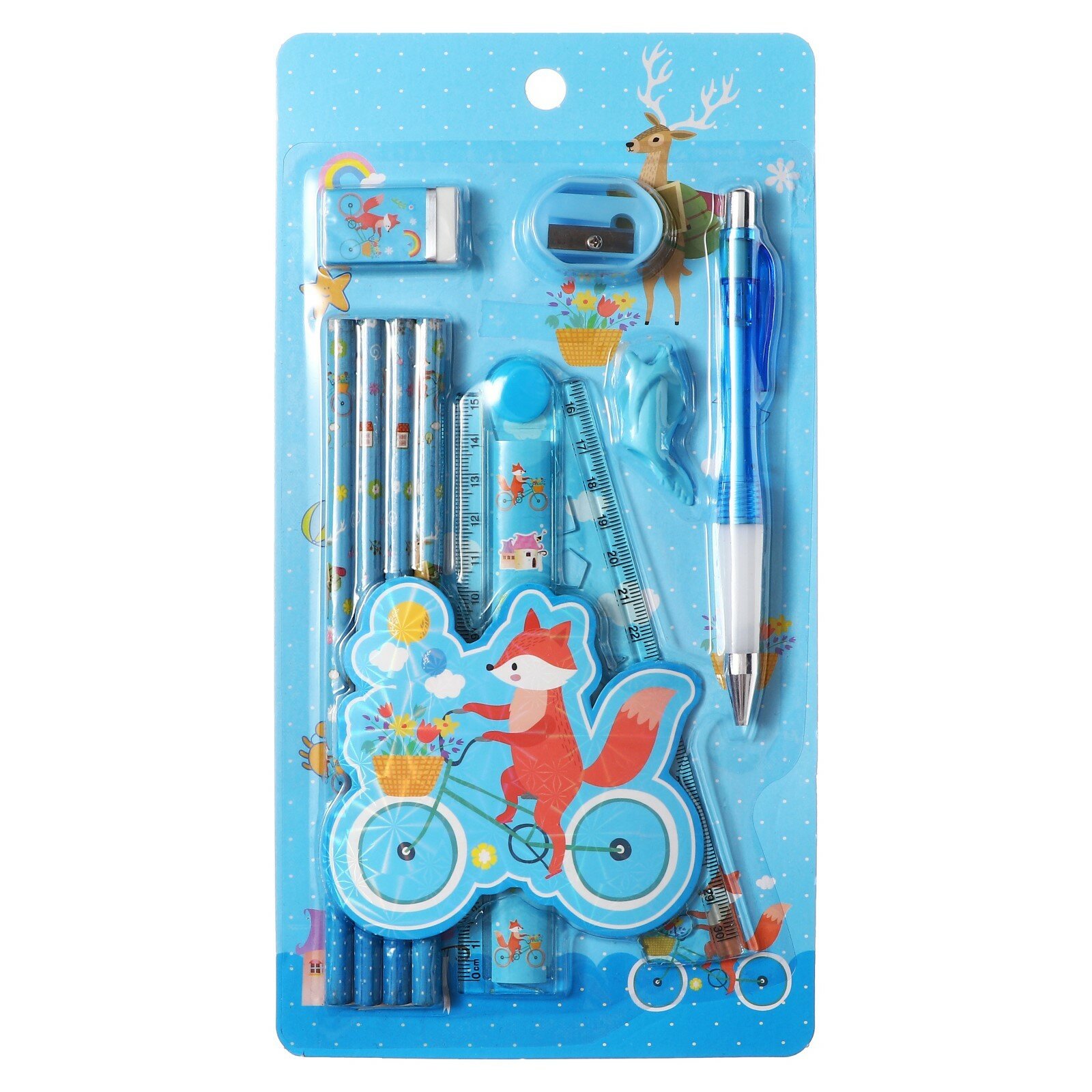 Набор канцелярский, 4 чгр карандаша, точилка, ластик, линейка, ручка, насадка-тренажер, голубой
