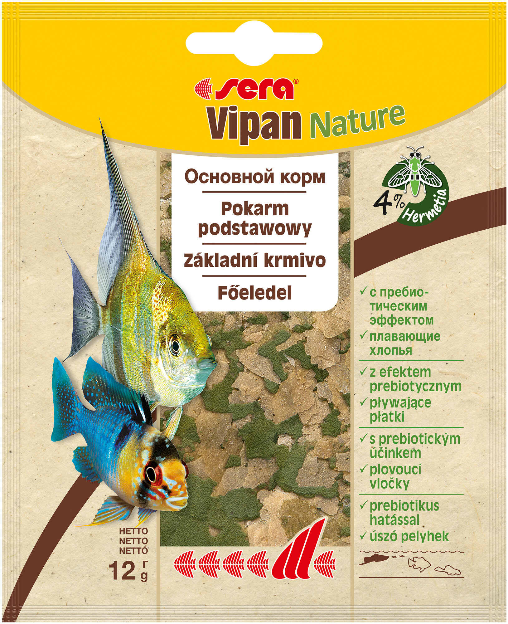 SERA, Корм для всех видов рыб, основной в хлопьях "Vipan Nature", 1 пакетик, 12 г, S0132