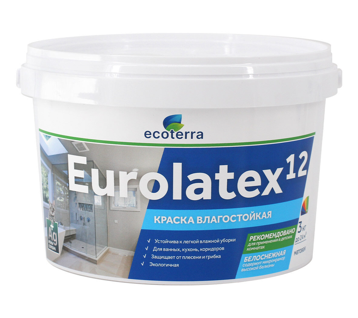 Краска Ecoterra Eurolatex 12 ВД-АК 2180, влагостойкая, акриловая, Белоснежная, 3кг