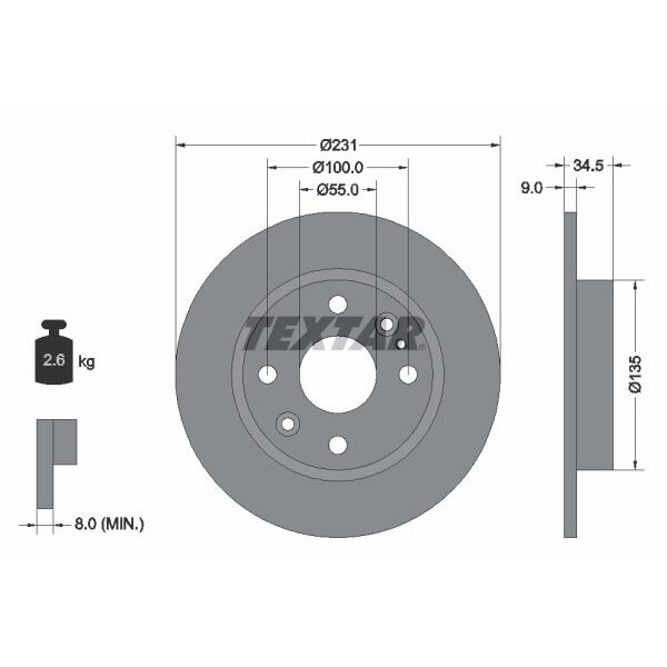 Диск тормозной для автомобиля Mazda Mitsubishi, TEXTAR 92096600 (1 шт.)
