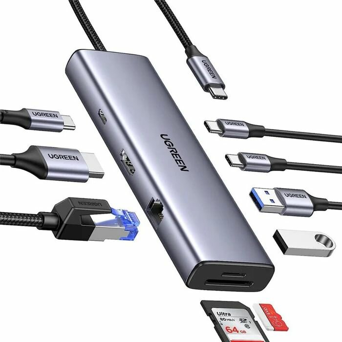 Конвертер UGREEN CM498 (15375) USB-C to 2штUSB3.0+2штUSB-C+HDMI+RJ45+SD&TF+PD port