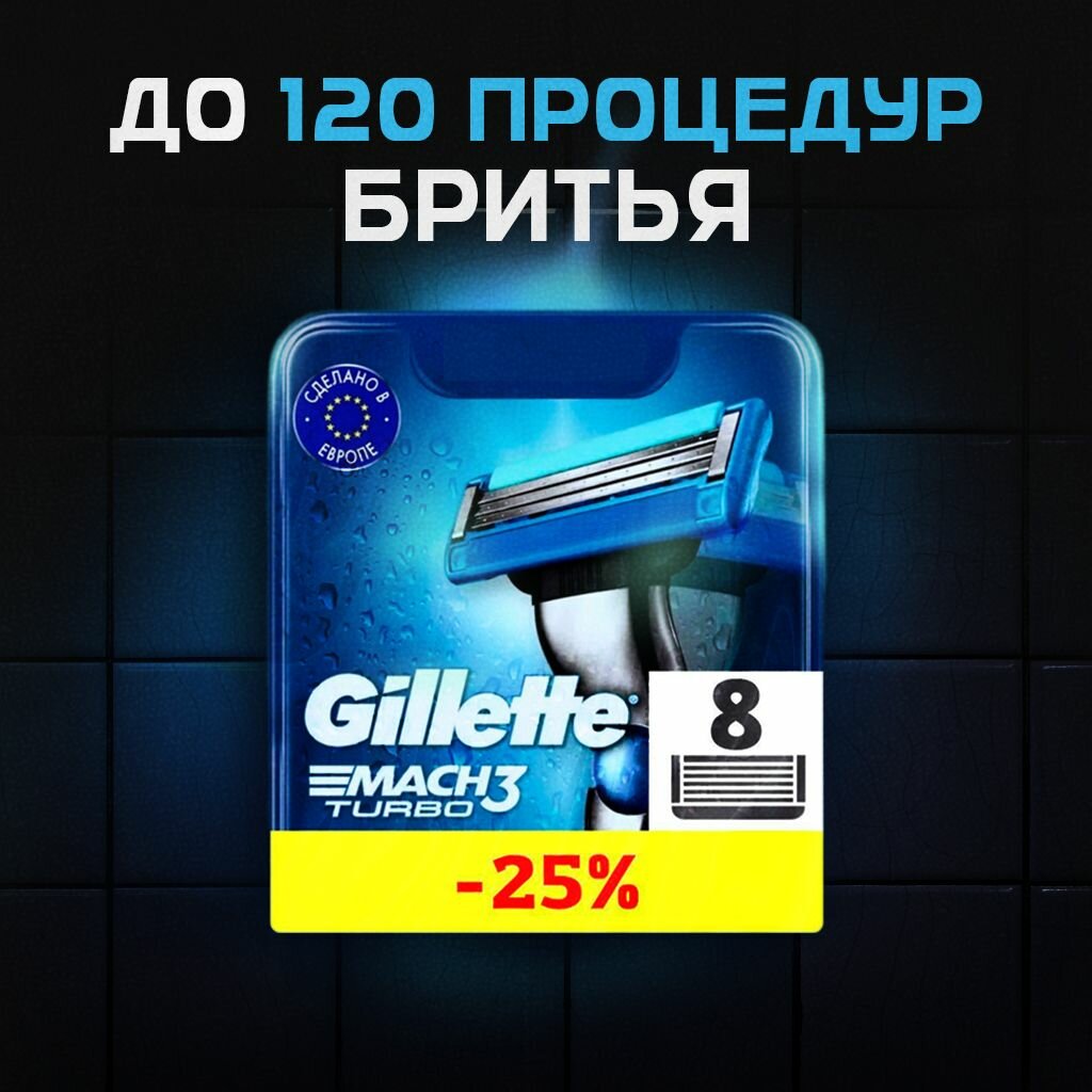 Сменные кассеты Gillette Mach Turbo с 3 лезвиями для бритья, 8 шт / Лезвия для бритвы Джилет мужские